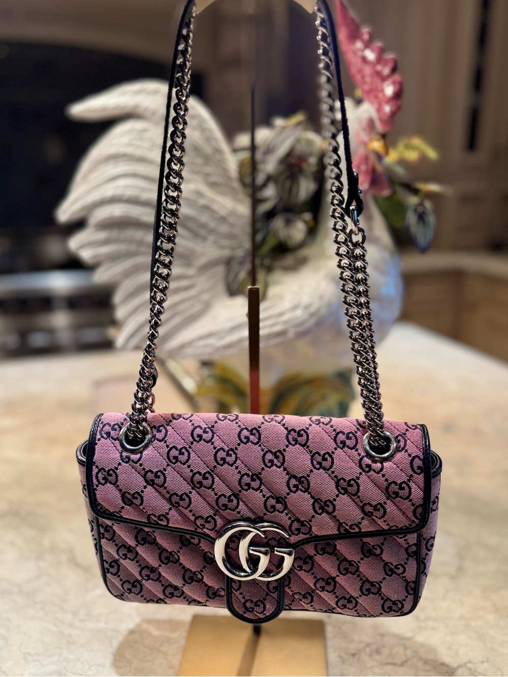 Gucci GG Pink Canvas Marmont Bag. COA